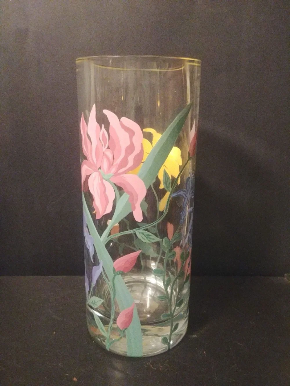 Pottery Barn Thick Glass Cylinder Canister Vase Custom Floral Painted